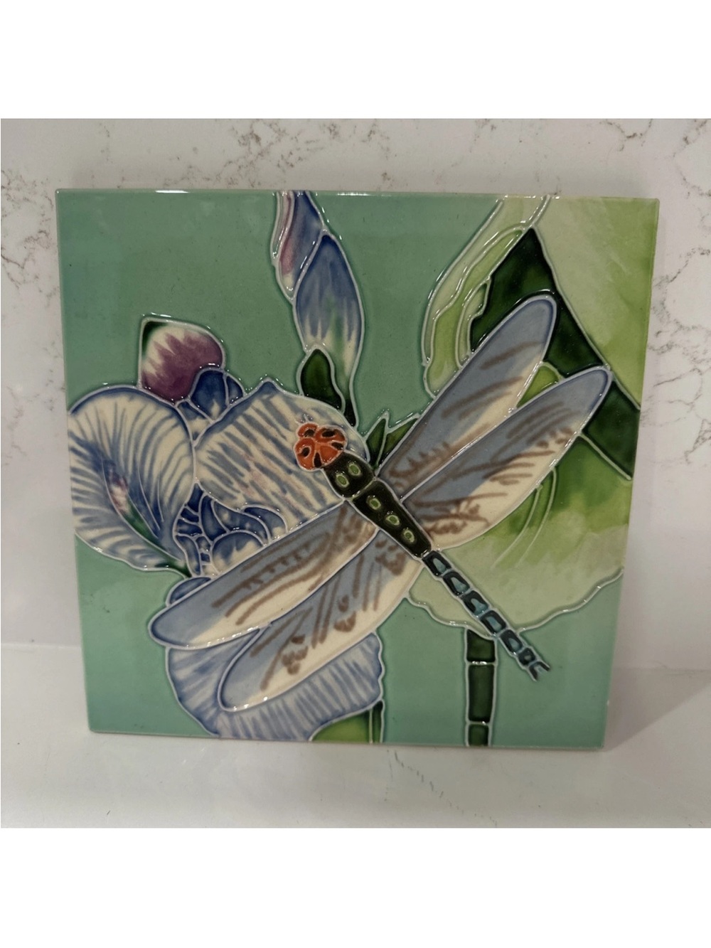 Ceramic Vintage Hand Painted Art Tile w/ Dragonfly Design Wall Hanging 8”x8”